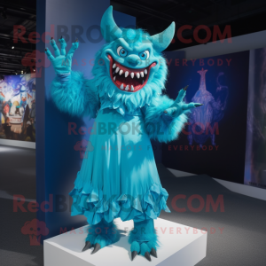 Cyan Demon mascot costume character dressed with a Midi Dress and Gloves