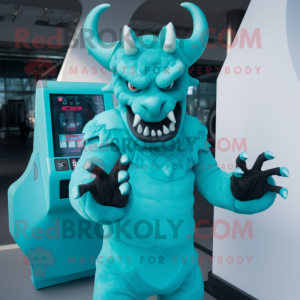 Cyan Demon mascot costume character dressed with a Midi Dress and Gloves