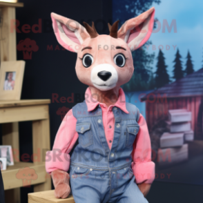 Pink Roe Deer mascot costume character dressed with a Denim Shirt and Wraps