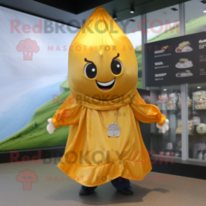 Gold Onion mascot costume character dressed with a Raincoat and Keychains