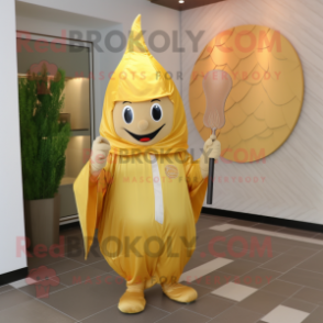 Gold Onion mascot costume character dressed with a Raincoat and Keychains