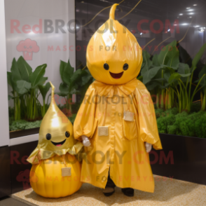 Gold Onion mascot costume character dressed with a Raincoat and Keychains