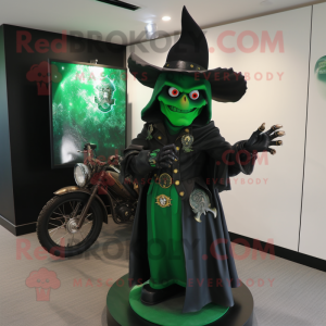 Forest Green Witch'S Hat mascot costume character dressed with a Biker Jacket and Rings