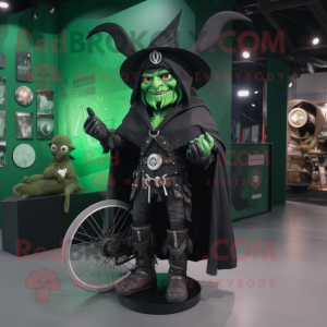 Forest Green Witch'S Hat mascot costume character dressed with a Biker Jacket and Rings