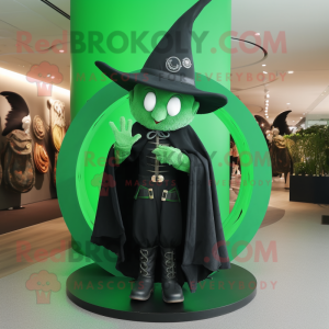 Forest Green Witch'S Hat mascot costume character dressed with a Biker Jacket and Rings