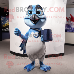 Silver Blue Jay mascot costume character dressed with a Tank Top and Coin purses