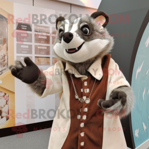 Tan Badger mascot costume character dressed with a Midi Dress and Lapel pins