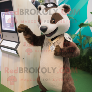 Tan Badger mascot costume character dressed with a Midi Dress and Lapel pins