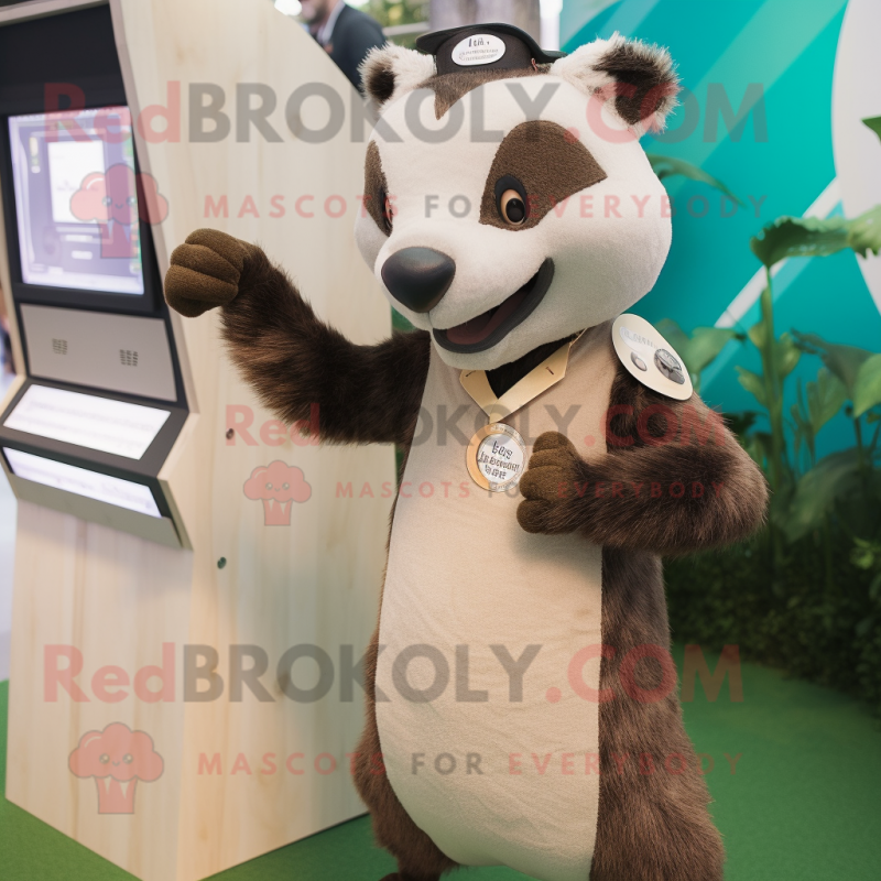 Tan Badger mascot costume character dressed with a Midi Dress and Lapel pins Tan Badger mascot costume character dressed with a Midi Dress and Lapel pins