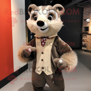 Tan Badger mascot costume character dressed with a Midi Dress and Lapel pins