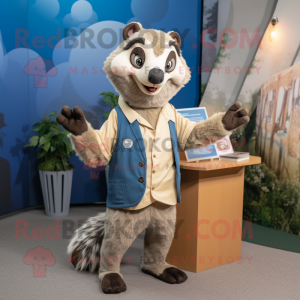 Tan Badger mascot costume character dressed with a Midi Dress and Lapel pins