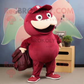 Maroon Stingray mascot costume character dressed with a Baseball Tee and Messenger bags