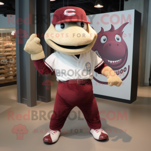 Maroon Stingray mascot costume character dressed with a Baseball Tee and Messenger bags