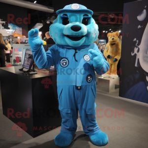 Cyan Navy Seal mascot costume character dressed with a Jumpsuit and Hair clips