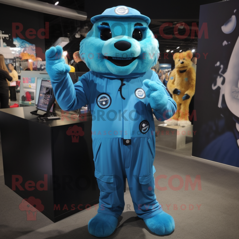Cyan Navy Seal mascot costume character dressed with a Jumpsuit and Hair clips