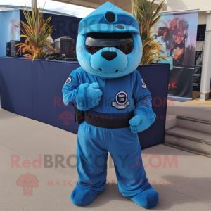 Cyan Navy Seal mascot costume character dressed with a Jumpsuit and Hair clips