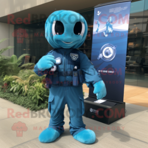 Cyan Navy Seal mascot costume character dressed with a Jumpsuit and Hair clips