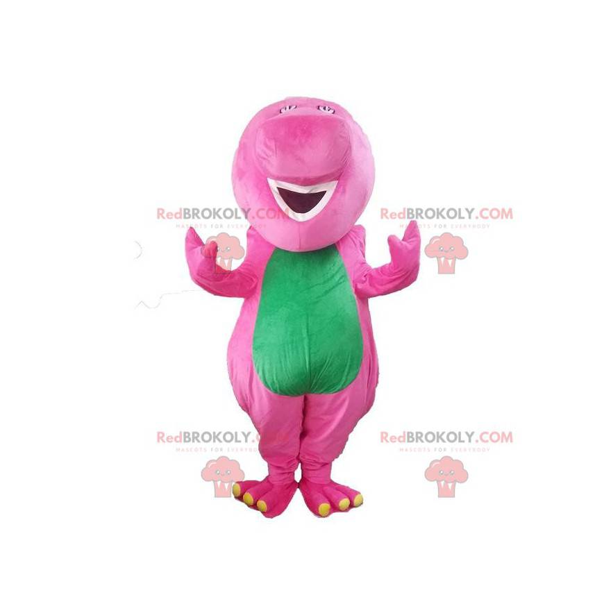 Růžový a zelený dinosaurus maskot, barevný kostým draka -
