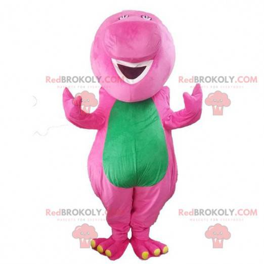 Roze en groene dinosaurus mascotte, kleurrijk drakenkostuum -