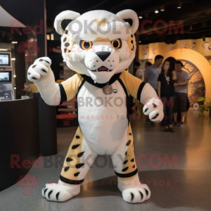 Cream Saber-Toothed Tiger mascot costume character dressed with a Leggings and Headbands