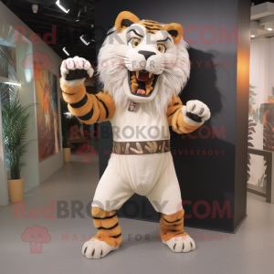 Cream Saber-Toothed Tiger mascot costume character dressed with a Leggings and Headbands