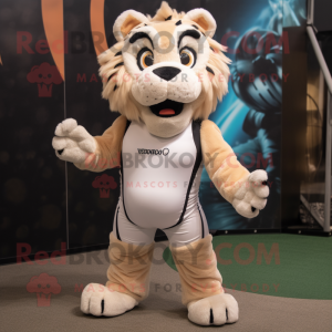 Cream Saber-Toothed Tiger mascot costume character dressed with a Leggings and Headbands