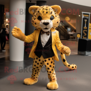 Gold Cheetah mascot costume character dressed with a Blazer and Bow ties