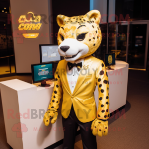 Gold Cheetah mascot costume character dressed with a Blazer and Bow ties