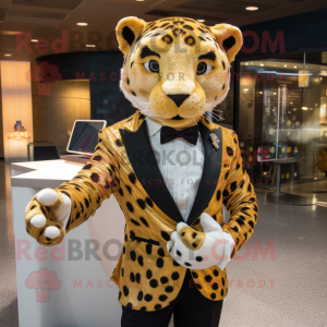 Gold Cheetah mascot costume character dressed with a Blazer and Bow ties