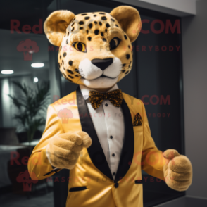 Gold Cheetah mascot costume character dressed with a Blazer and Bow ties