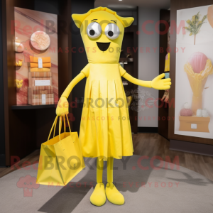 Lemon Yellow Stilt Walker mascot costume character dressed with a Shift Dress and Tote bags