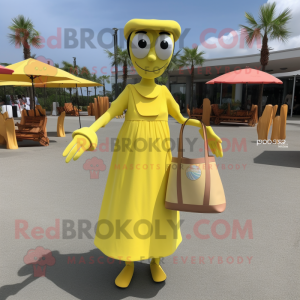 Lemon Yellow Stilt Walker mascot costume character dressed with a Shift Dress and Tote bags