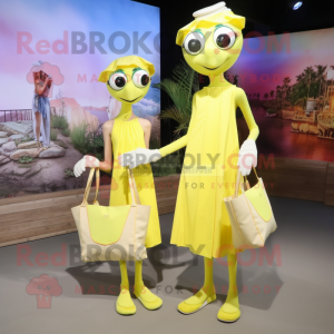 Lemon Yellow Stilt Walker mascot costume character dressed with a Shift Dress and Tote bags