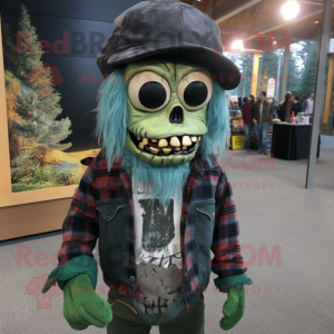 Forest Green Undead mascot costume character dressed with a Flannel Shirt and Beanies