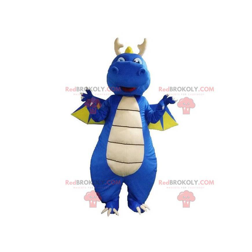 Mascote de dinossauro azul, fantasia de dragão, criatura azul -