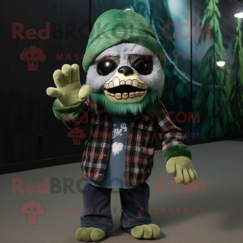 Forest Green Undead mascot costume character dressed with a Flannel Shirt and Beanies