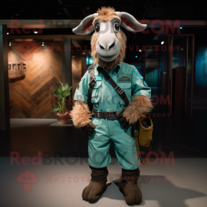 Teal Boer Goat mascot costume character dressed with a Cargo Pants and Belts
