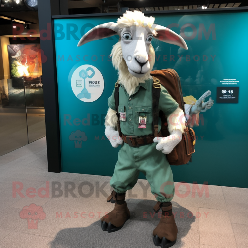 Teal Boer Goat mascot costume character dressed with a Cargo Pants and Belts Teal Boer Goat mascot costume character dressed with a Cargo Pants and Belts