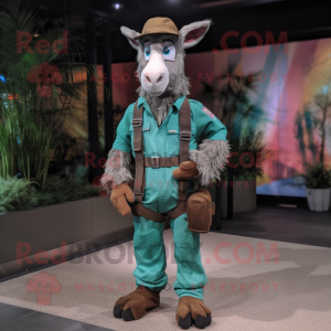 Teal Boer Goat mascot costume character dressed with a Cargo Pants and Belts