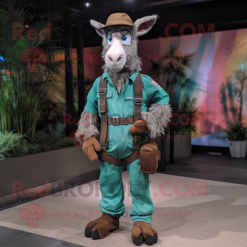 Teal Boer Goat mascot costume character dressed with a Cargo Pants and Belts Teal Boer Goat mascot costume character dressed with a Cargo Pants and Belts