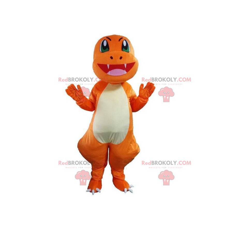 Dragon maskot, dinosaurie kostym, orange förklädnad -