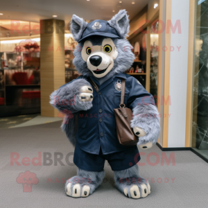 Navy Say Wolf mascot costume character dressed with a Coat and Backpacks