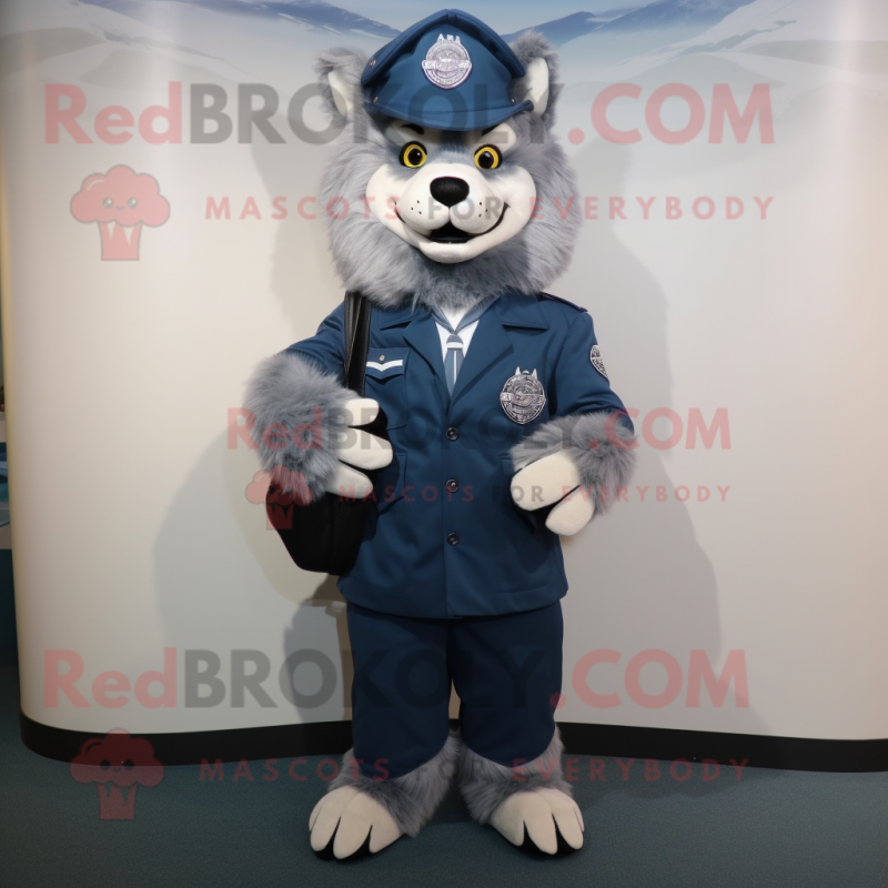 Navy Say Wolf mascot costume character dressed with a Coat and Backpacks Navy Say Wolf mascot costume character dressed with a Coat and Backpacks