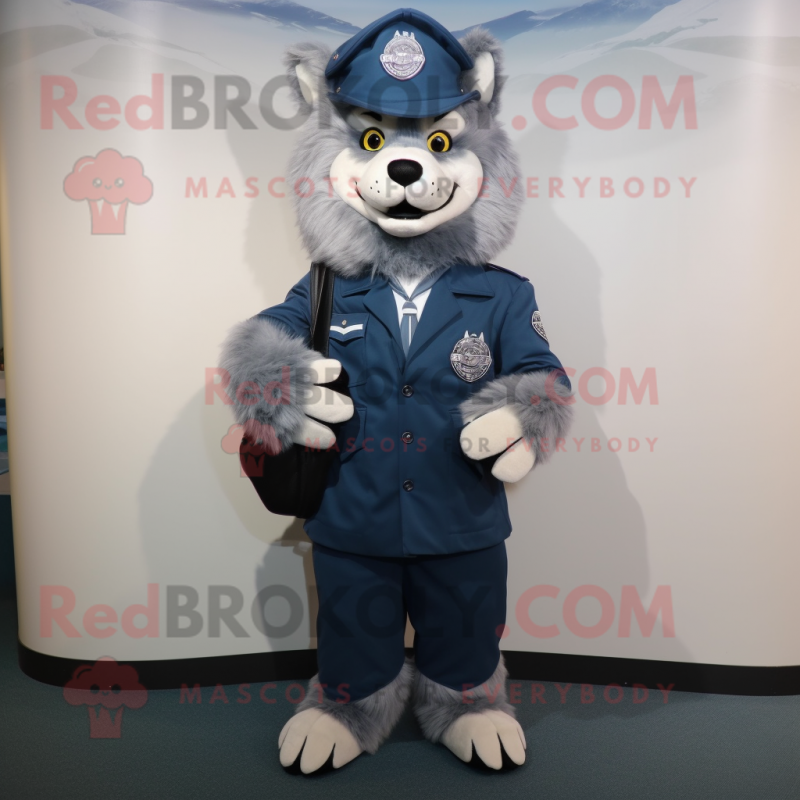 Navy Say Wolf mascot costume character dressed with a Coat and Backpacks