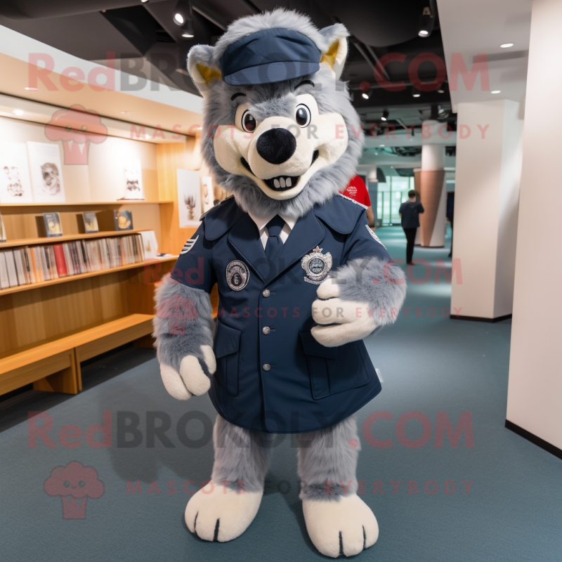 Navy Say Wolf mascot costume character dressed with a Coat and Backpacks Navy Say Wolf mascot costume character dressed with a Coat and Backpacks