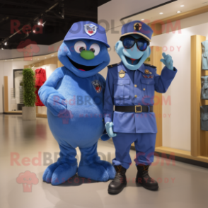 Blue Air Force Soldier mascot costume character dressed with a Bermuda Shorts and Brooches