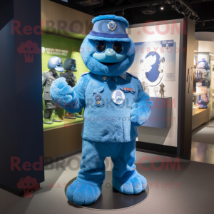 Blue Air Force Soldier mascot costume character dressed with a Bermuda Shorts and Brooches