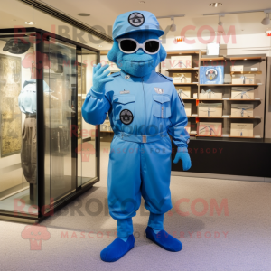 Blue Air Force Soldier mascot costume character dressed with a Bermuda Shorts and Brooches