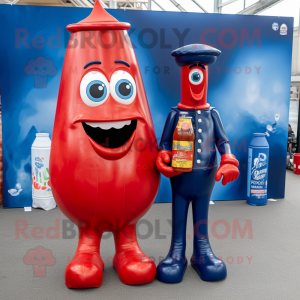 Navy Bottle Of Ketchup mascot costume character dressed with a Boyfriend Jeans and Hairpins