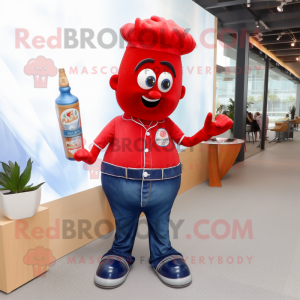 Navy Bottle Of Ketchup mascot costume character dressed with a Boyfriend Jeans and Hairpins